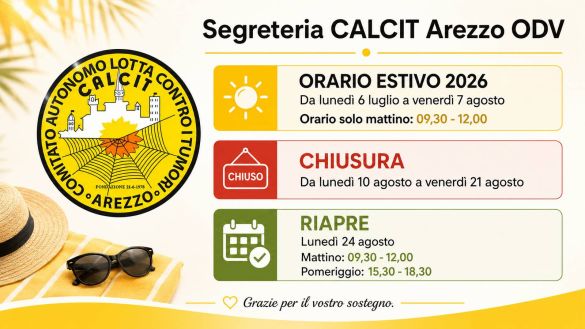 Orario estivo Segreteria CALCIT Arezzo ODV